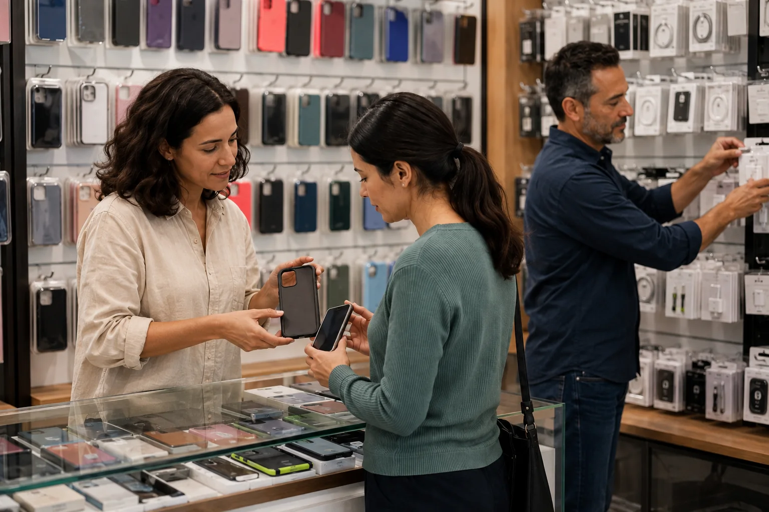 Una vendedora y una clienta comparan una funda con un celular en el mostrador, junto a un compañero que repone accesorios.