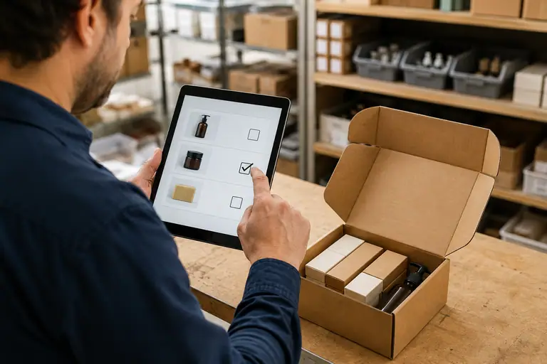 Una persona consulta una lista en una tablet mientras prepara una caja con productos en un depósito.