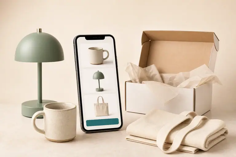 Un celular con una tienda de artículos para el hogar, junto a los productos de su catálogo y una caja de envío.