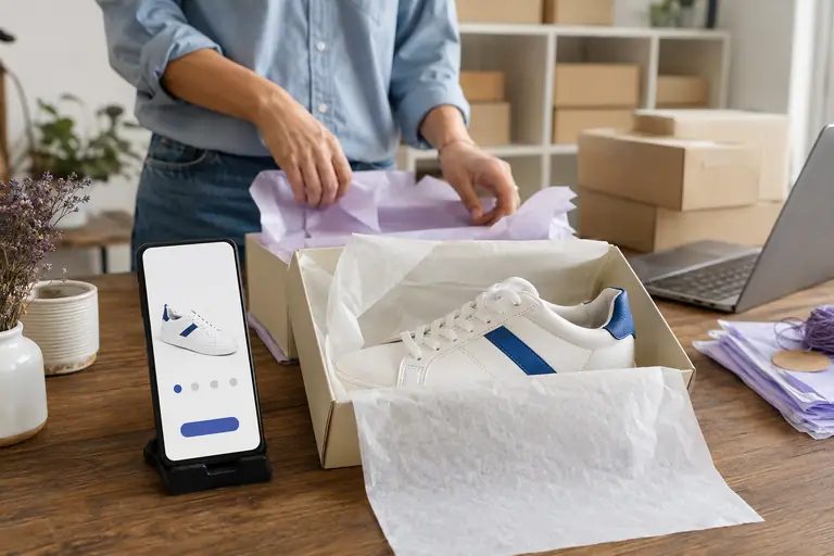 Un celular muestra una zapatilla de una tienda online, junto al producto y un pedido en preparación.