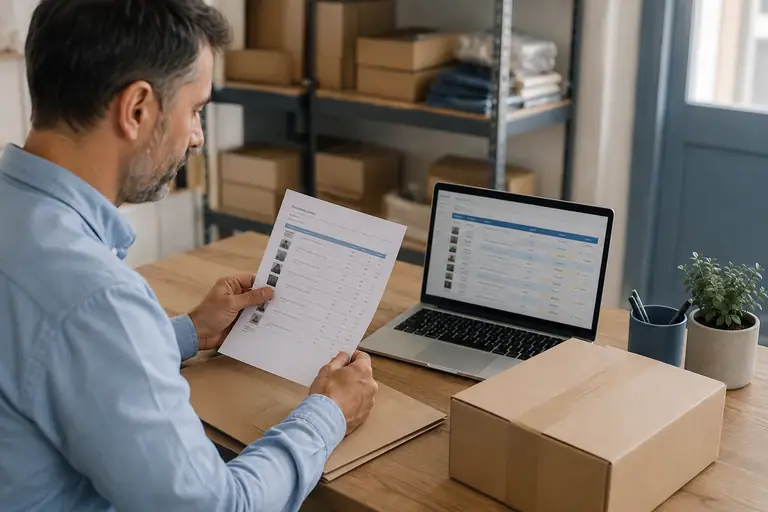 Una persona revisa un pedido junto a una notebook y una caja preparada para despacho en un comercio.