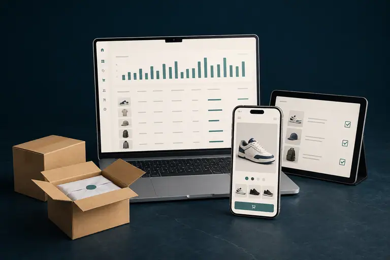 Escena 3D de una notebook de gestión, una tienda online en un celular, una tablet de preparación y cajas de pedidos.