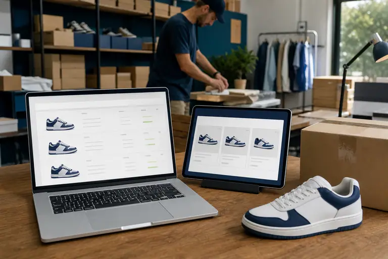Una notebook y una tablet muestran el mismo catálogo de productos, junto a una zapatilla y una caja de envío.