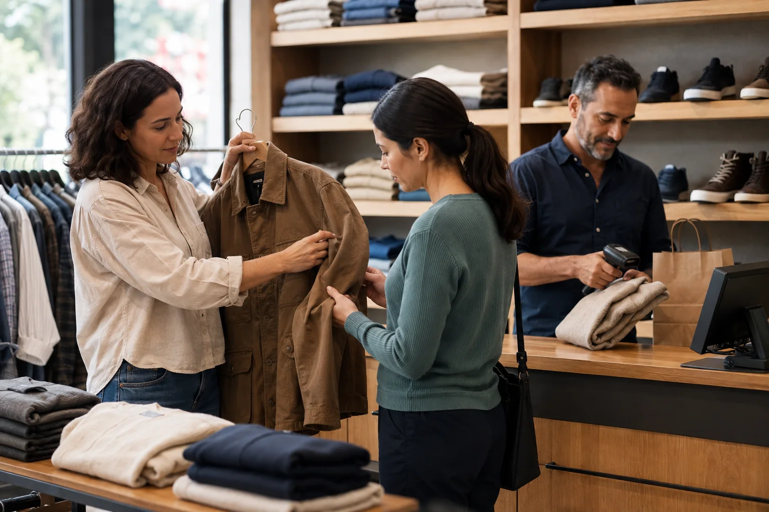 Una vendedora presenta una campera a una clienta mientras un compañero registra una compra en un negocio de ropa y calzado.