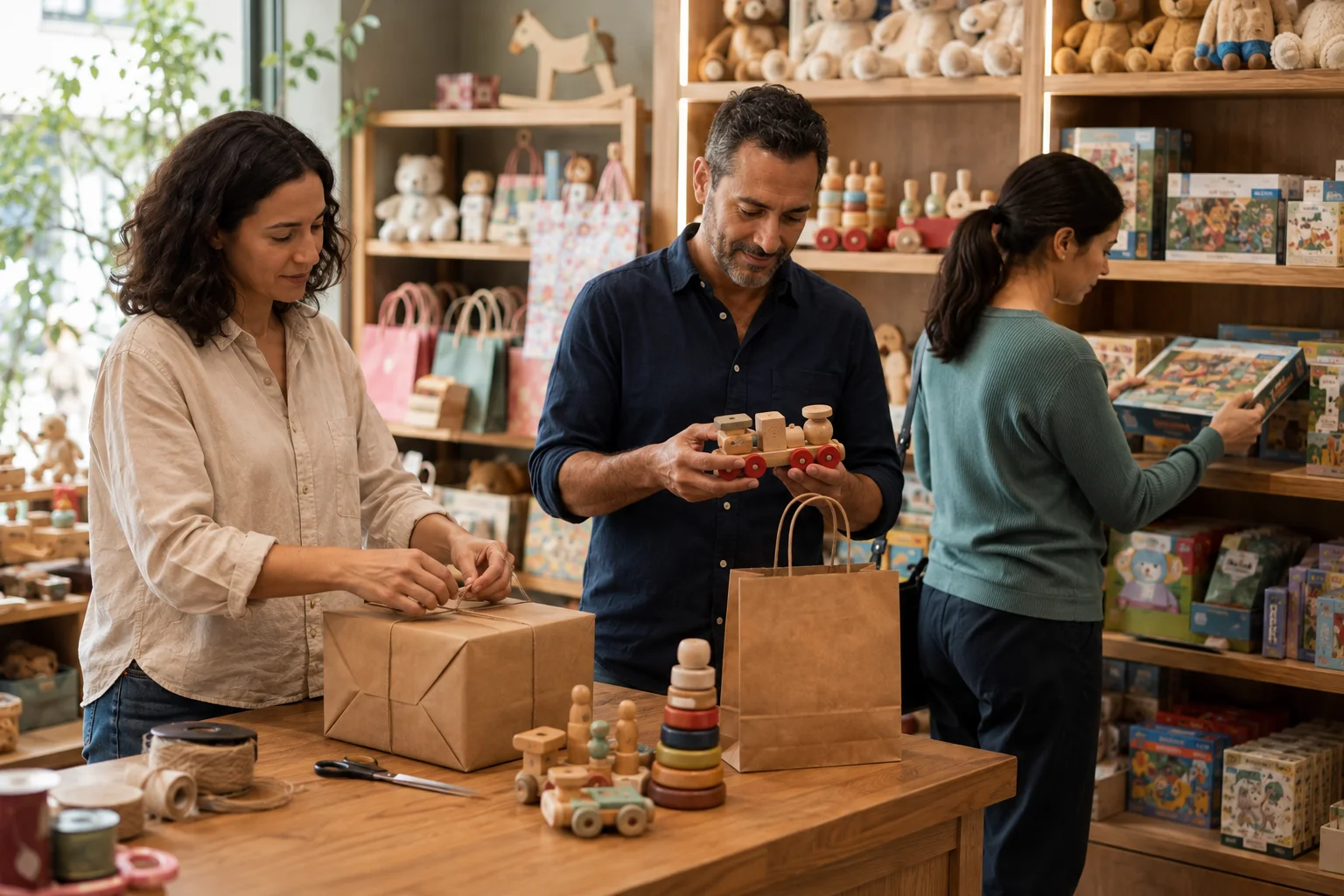 Un equipo atiende una compra, prepara un regalo y repone productos en una juguetería.